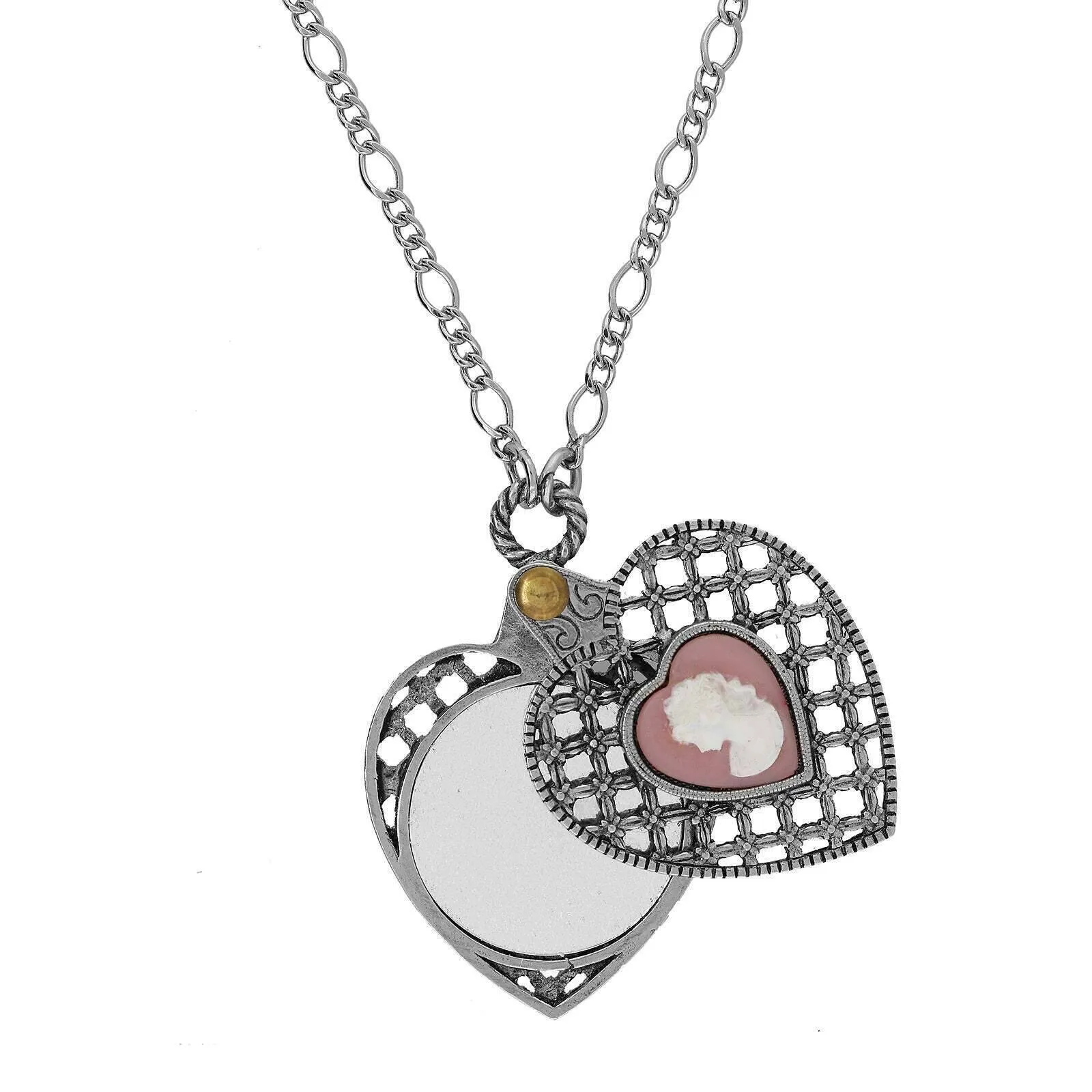 1928 Jewelry Pink Cameo Antiqued Heart Mirror Pendant Necklace 30" 1928 Jewelry