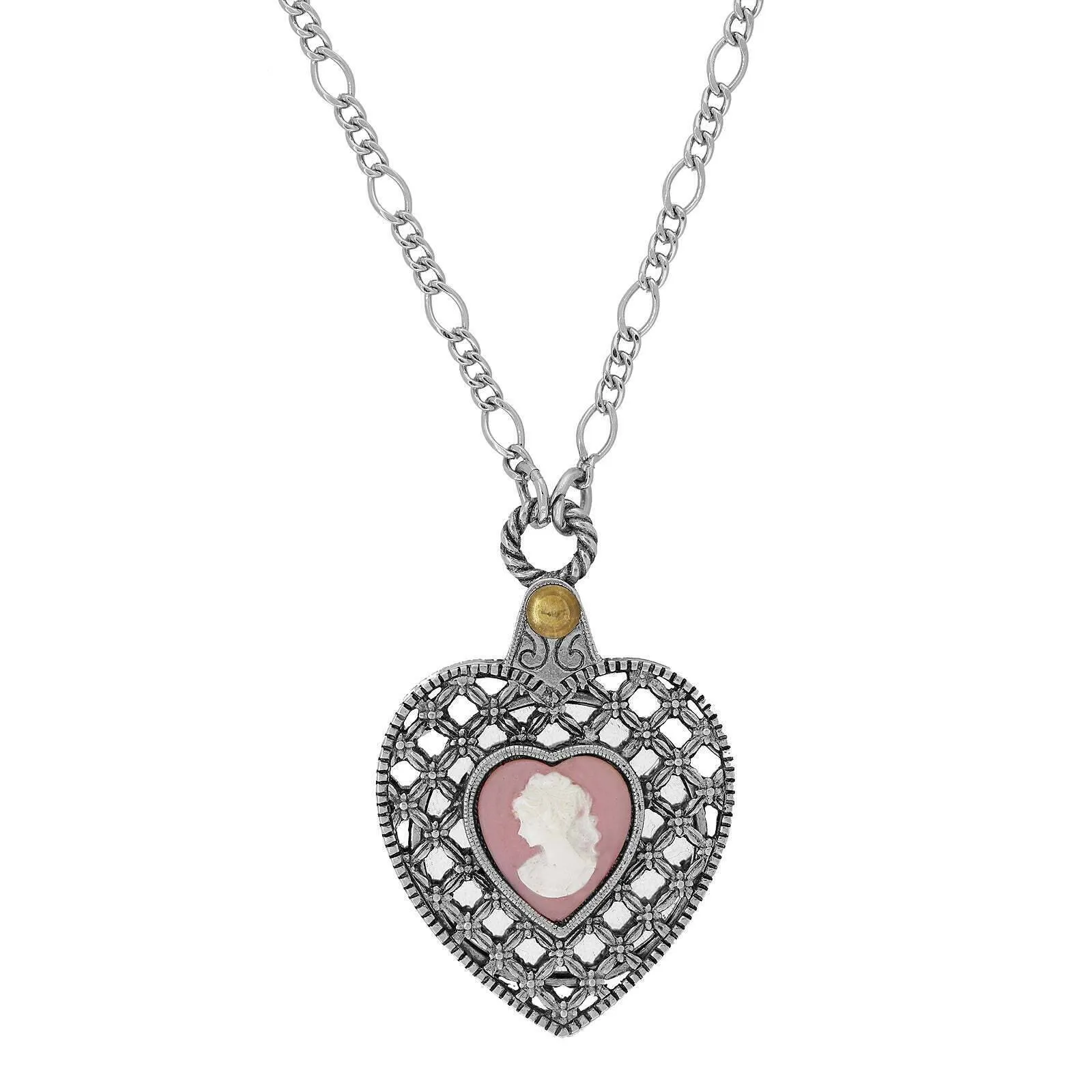 1928 Jewelry Pink Cameo Antiqued Heart Mirror Pendant Necklace 30" 1928 Jewelry