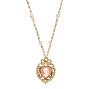 1928 Jewelry Pink Cameo Heart Pendant Faux Pearl Necklace 24"L 1928 Jewelry