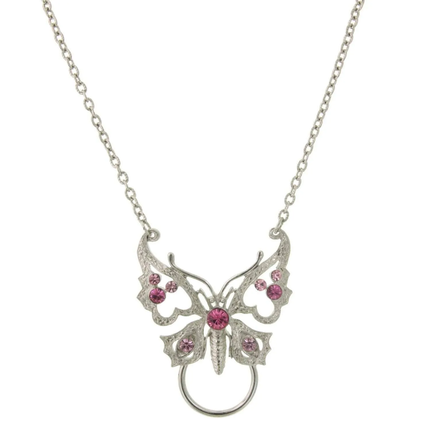 1928 Jewelry Pink Crystal Butterfly Badge & Eyeglass Holder Chain Necklace 28" 1928 Jewelry