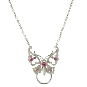 1928 Jewelry Pink Crystal Butterfly Badge & Eyeglass Holder Chain Necklace 28" 1928 Jewelry