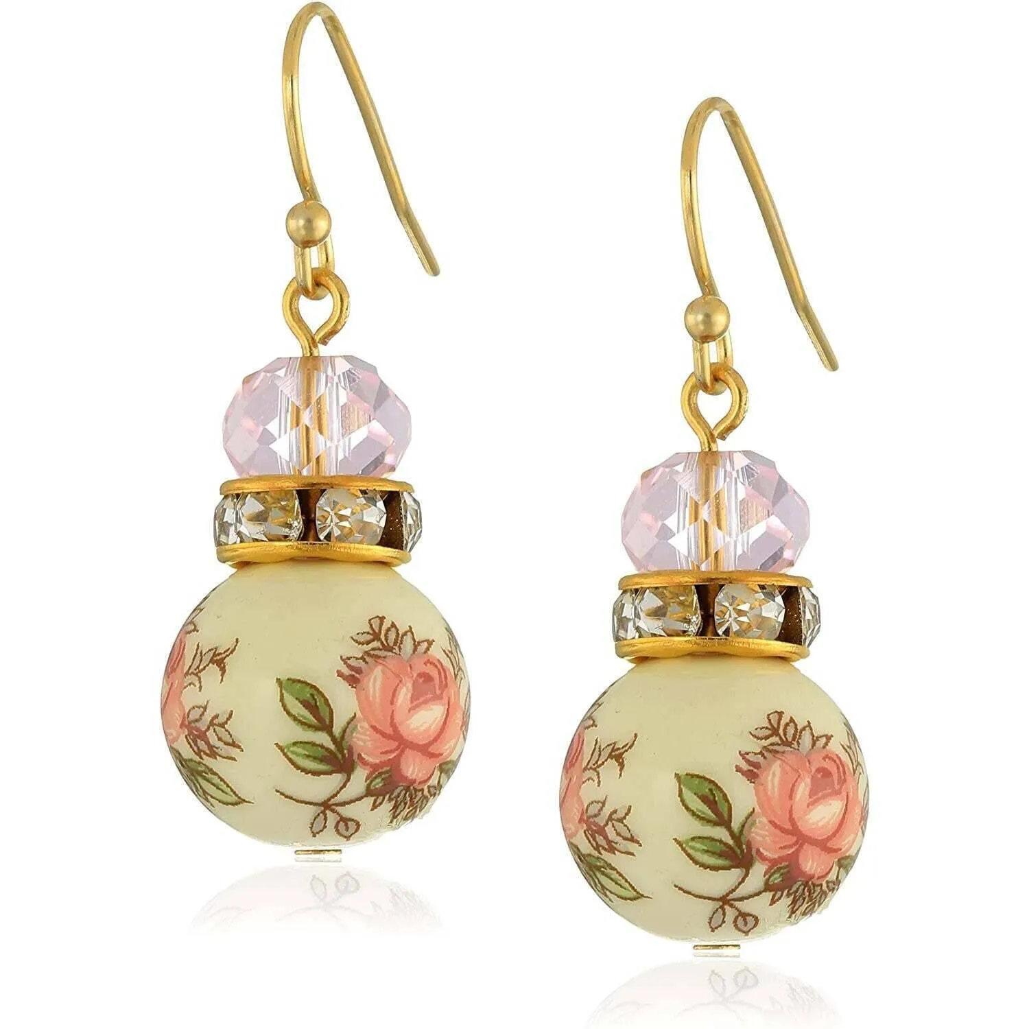 1928 Jewelry Pink Desert Rose Floral Decal Beaded Drop Earrings 1928 Jewelry