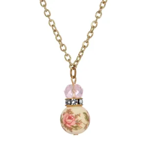 1928 Jewelry Pink Desert Rose Floral Decal Beaded Pendant Necklace 16"   3" Extension 1928 Jewelry