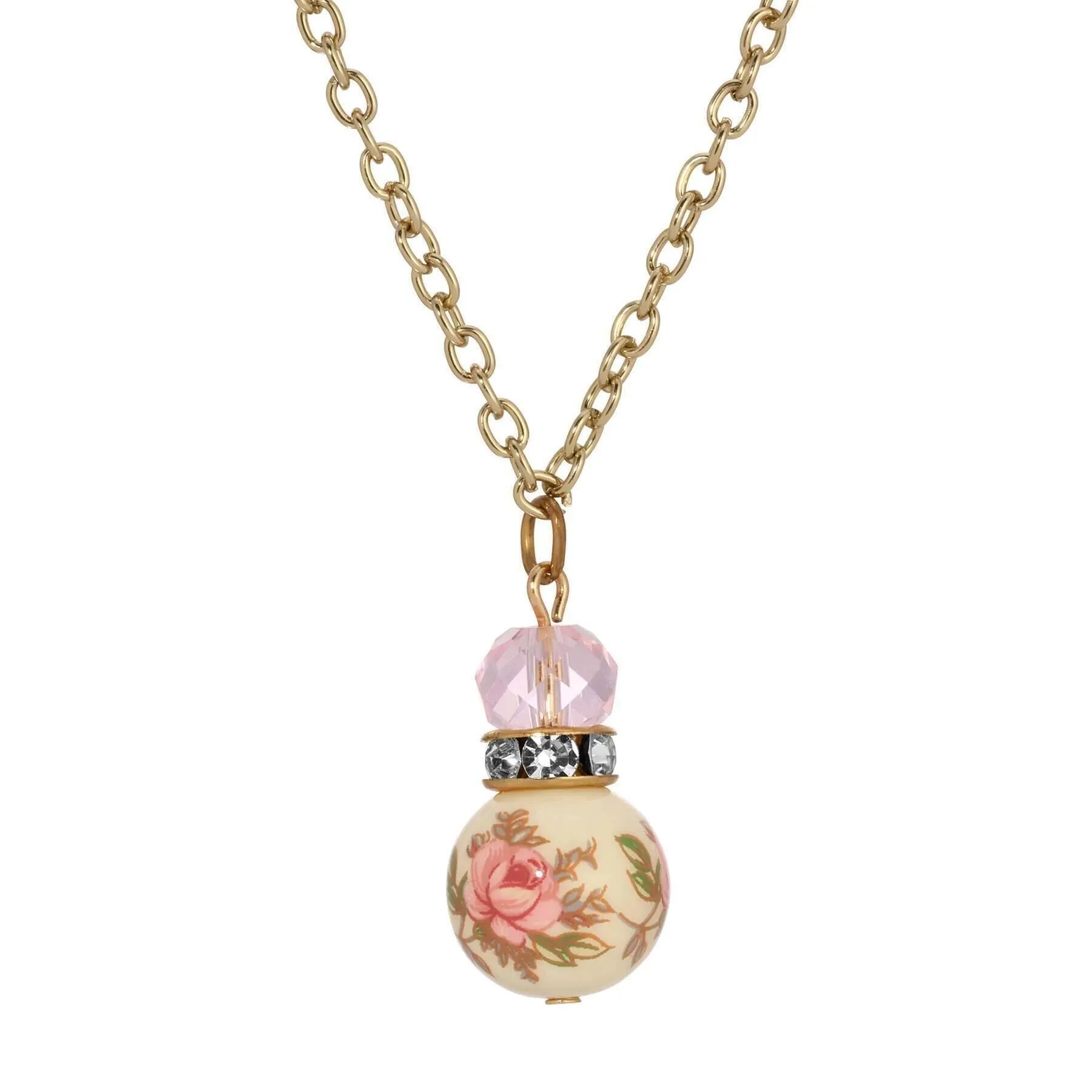 1928 Jewelry Pink Desert Rose Floral Decal Beaded Pendant Necklace 16"   3" Extension 1928 Jewelry