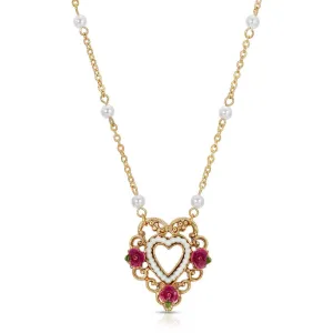 1928 Jewelry Pink Enamel Flower Faux Pearl Rimed Open Heart Pendant Necklace 16" 1928 Jewelry