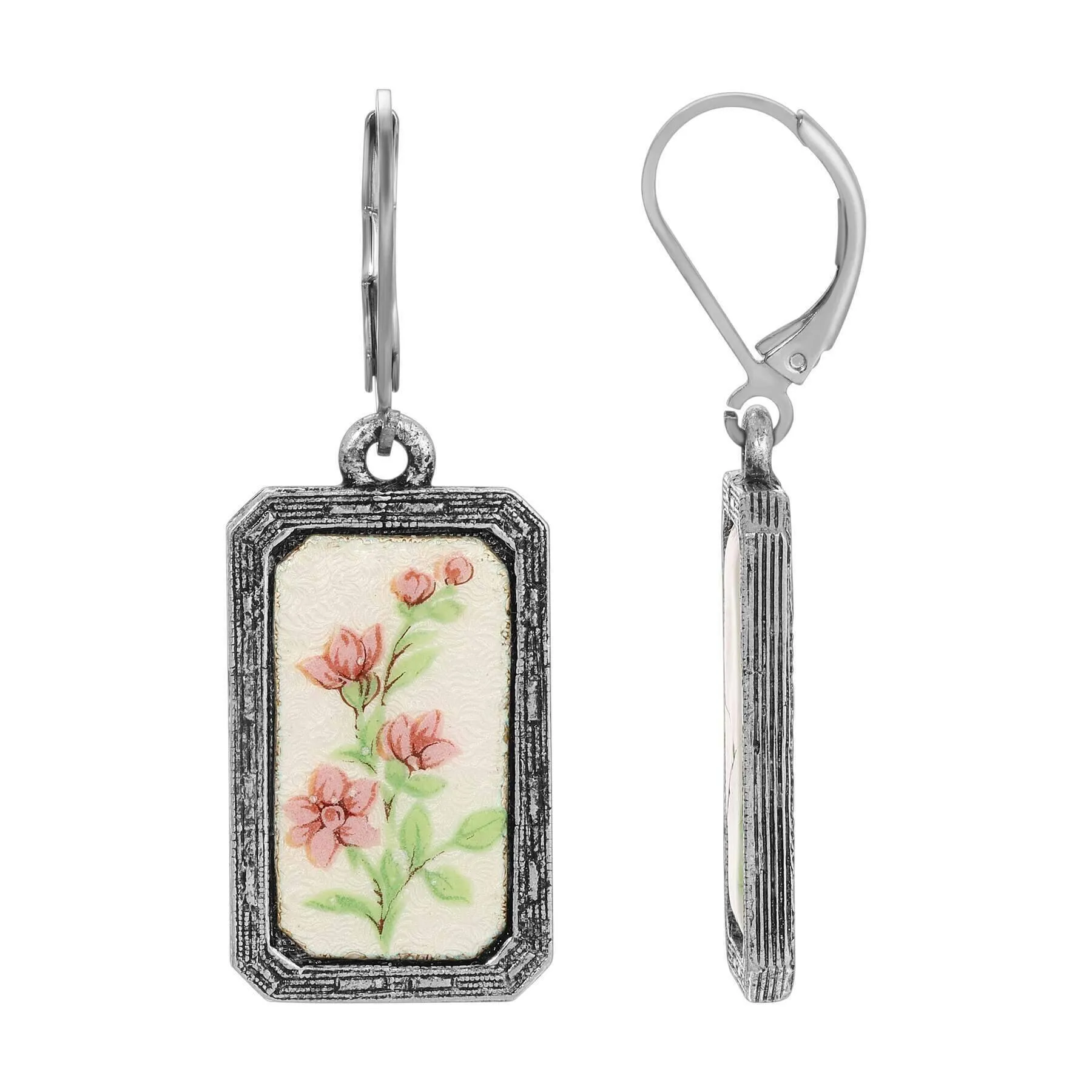 1928 Jewelry Pink Floral Antiqued Rectangular Drop Earrings 1928 Jewelry