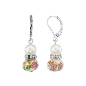 1928 Jewelry Pink Floral Glass Beaded & Crystal Drop Wire Earrings 1928 Jewelry