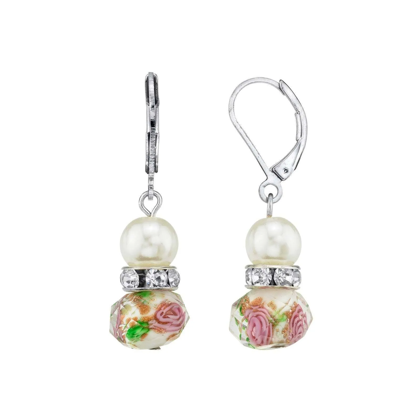 1928 Jewelry Pink Floral Glass Beaded & Crystal Drop Wire Earrings 1928 Jewelry