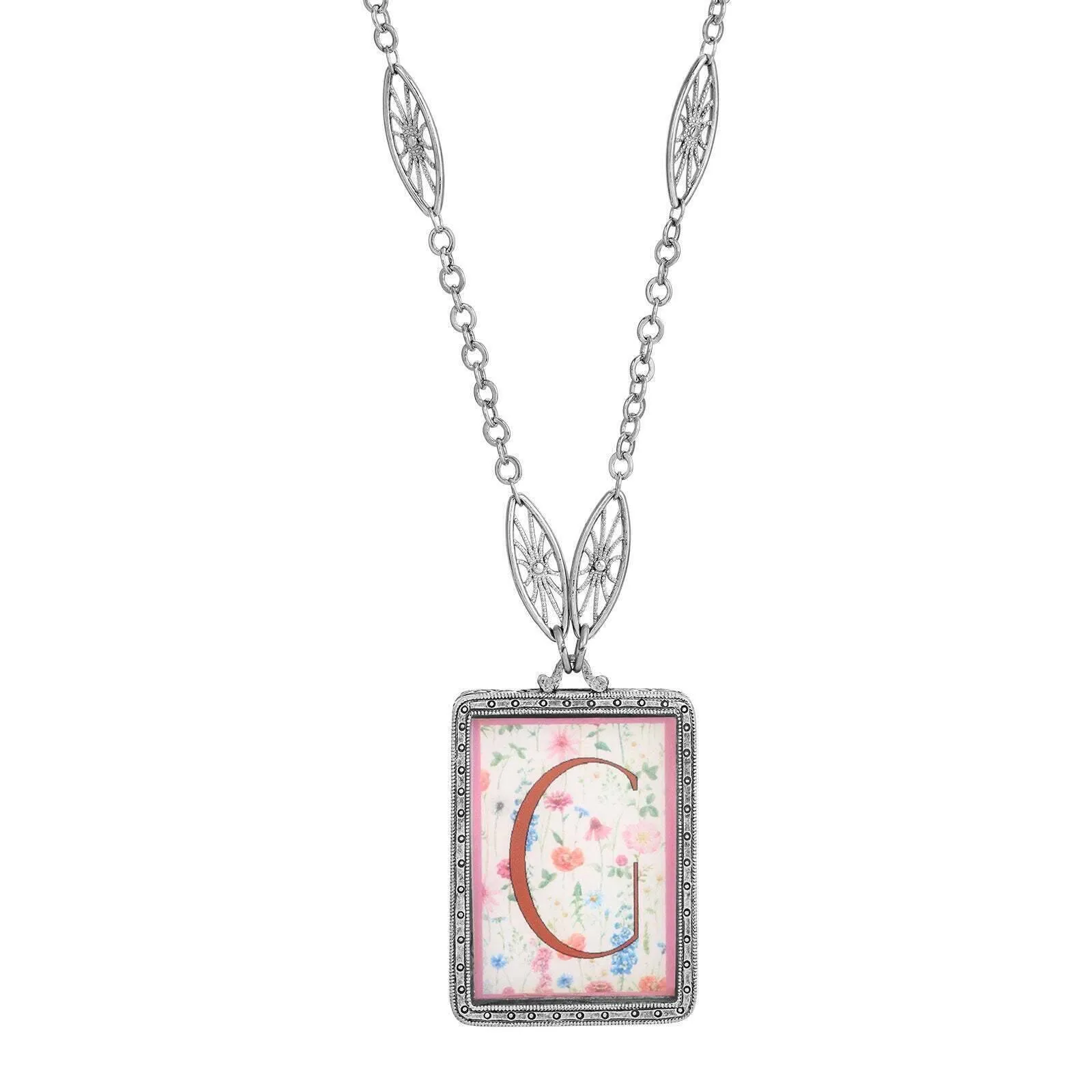 1928 Jewelry Pink Floral Motif Initial Pendant Necklace 30" 1928 Jewelry