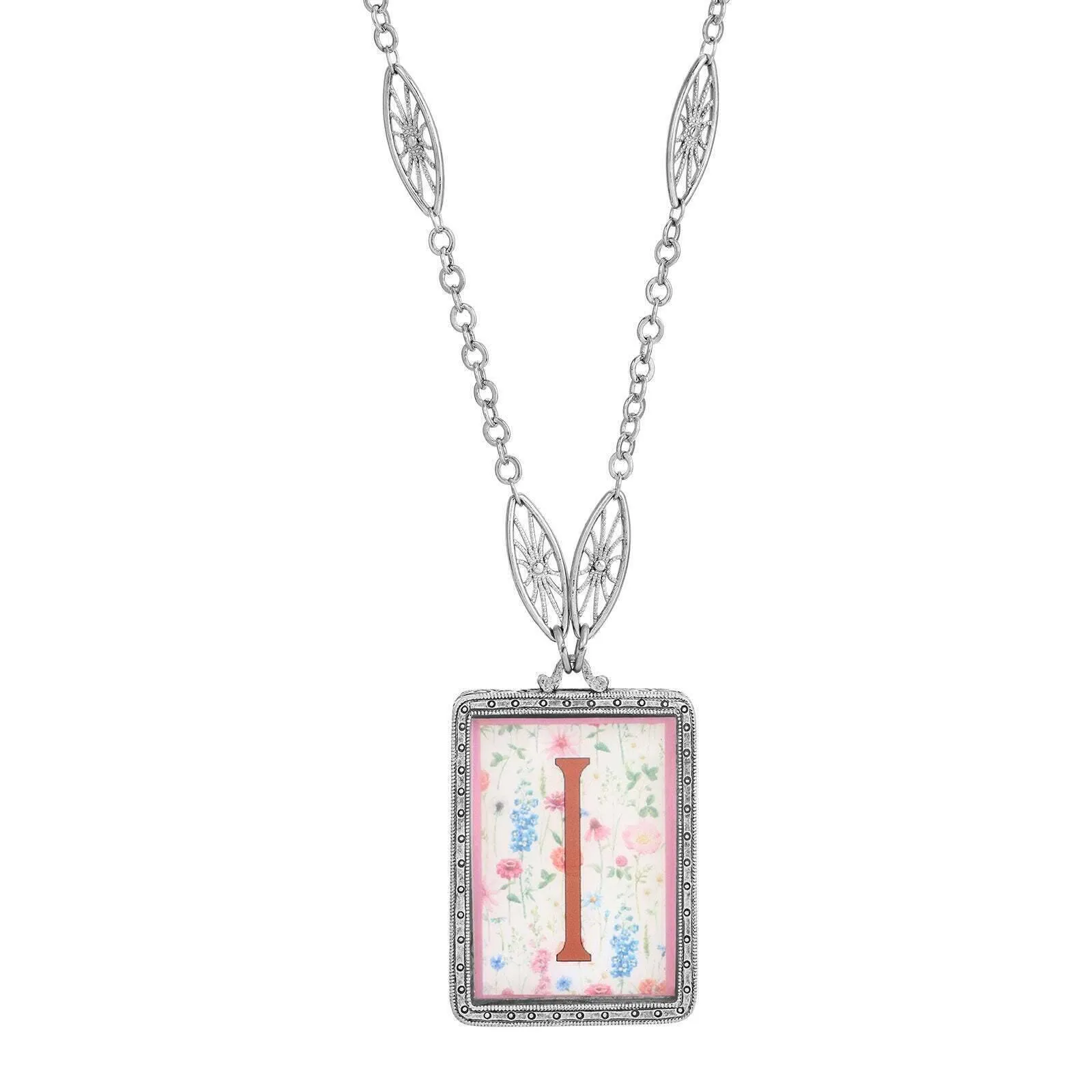 1928 Jewelry Pink Floral Motif Initial Pendant Necklace 30" 1928 Jewelry