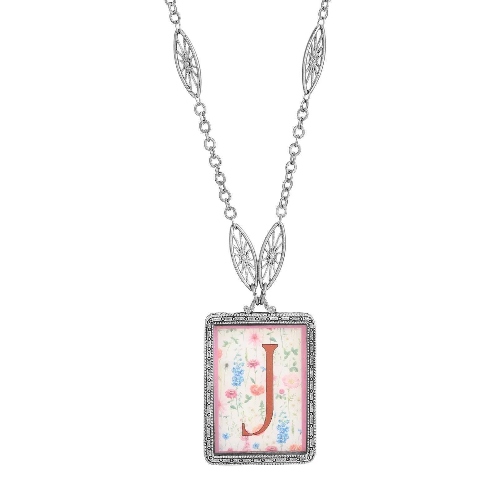 1928 Jewelry Pink Floral Motif Initial Pendant Necklace 30" 1928 Jewelry