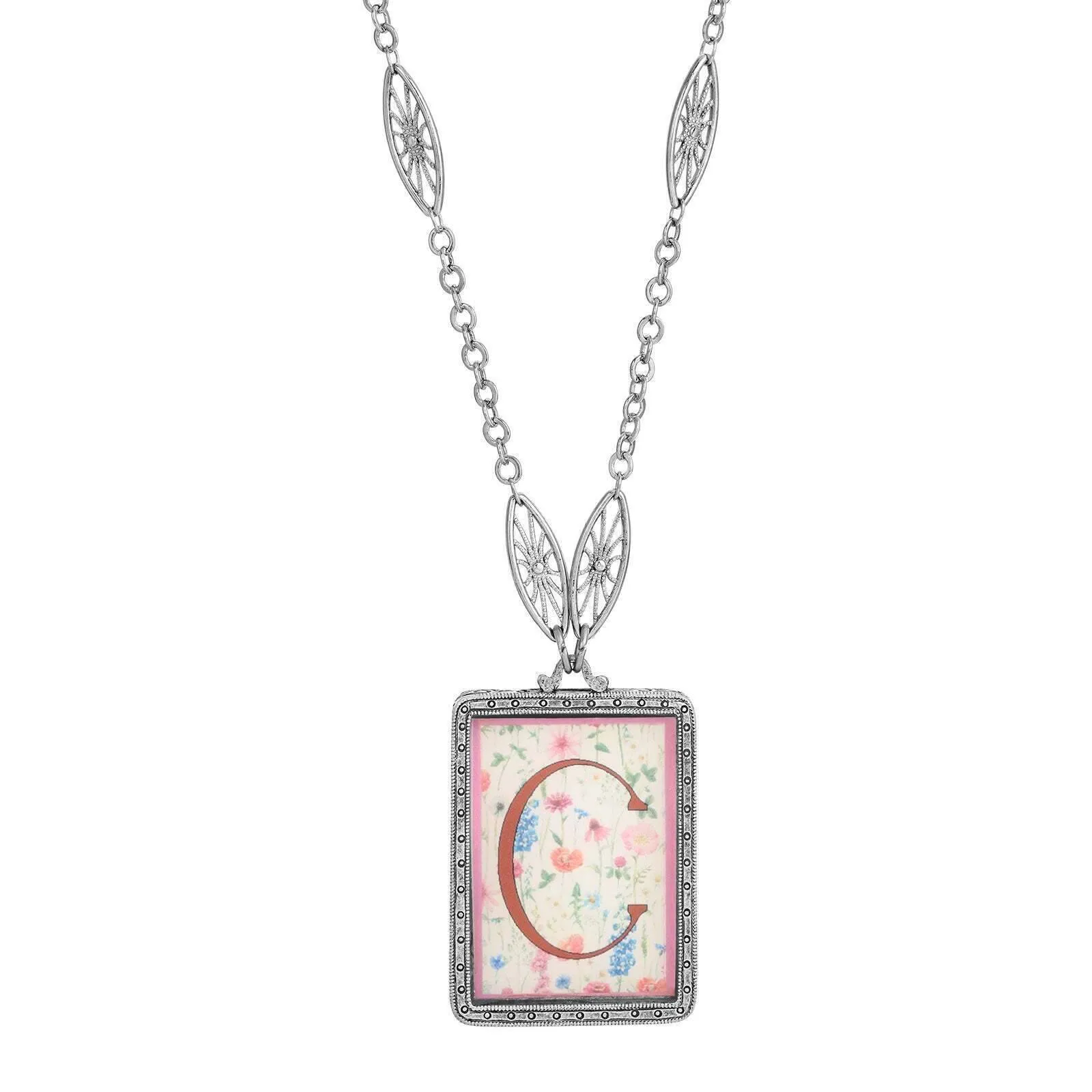 1928 Jewelry Pink Floral Motif Initial Pendant Necklace 30" 1928 Jewelry