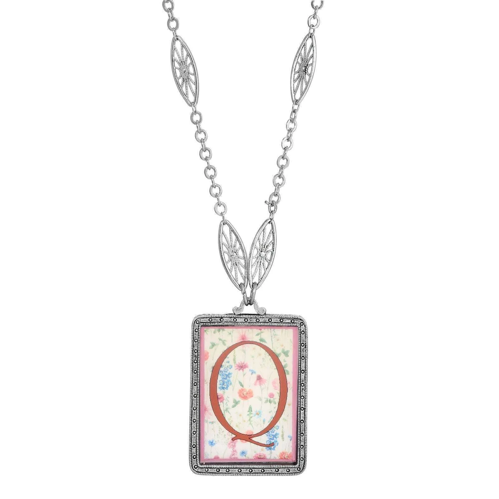 1928 Jewelry Pink Floral Motif Initial Pendant Necklace 30" 1928 Jewelry