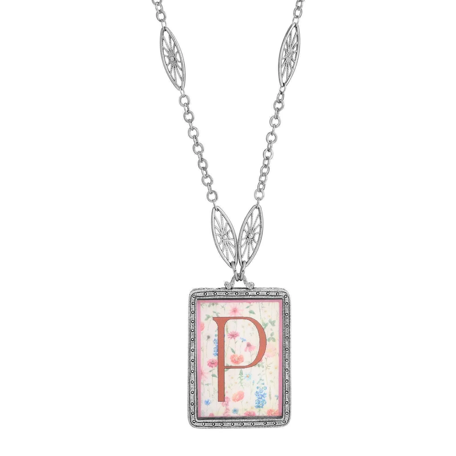 1928 Jewelry Pink Floral Motif Initial Pendant Necklace 30" 1928 Jewelry