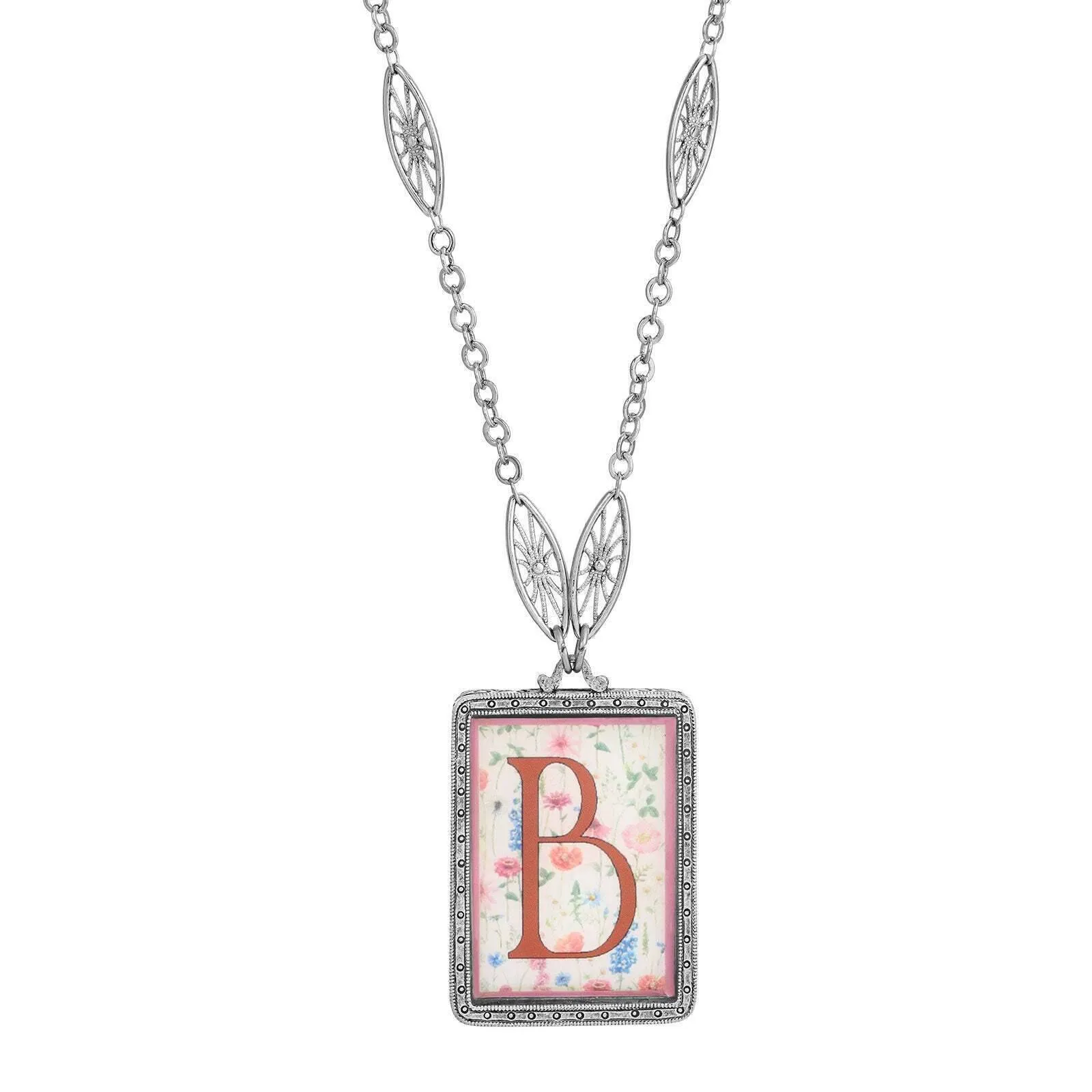 1928 Jewelry Pink Floral Motif Initial Pendant Necklace 30" 1928 Jewelry