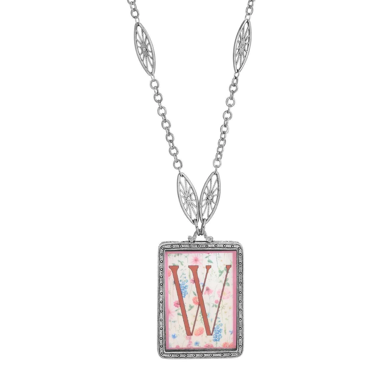 1928 Jewelry Pink Floral Motif Initial Pendant Necklace 30" 1928 Jewelry