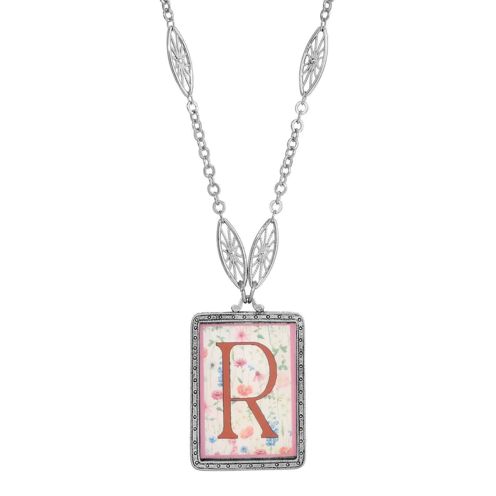 1928 Jewelry Pink Floral Motif Initial Pendant Necklace 30" 1928 Jewelry
