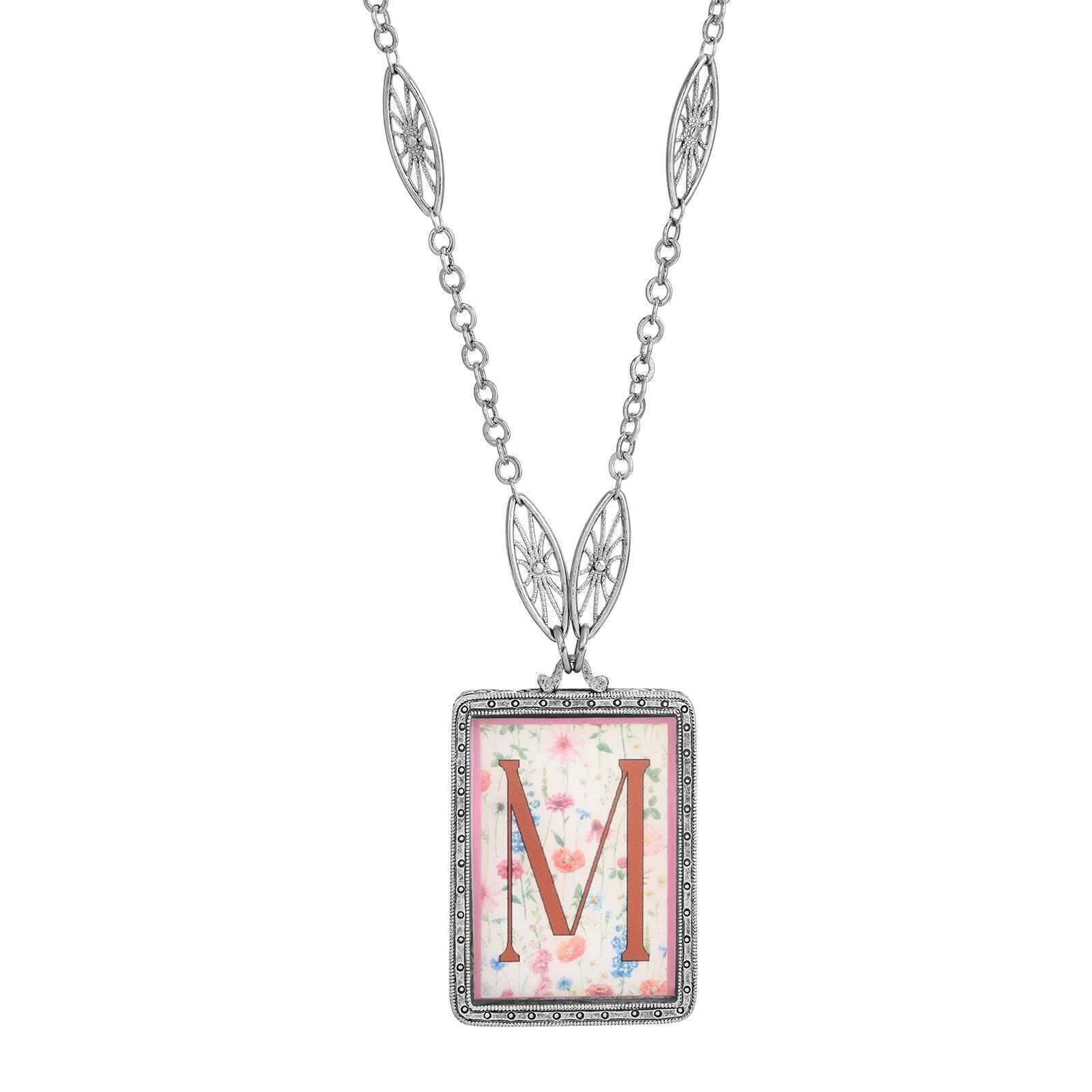 1928 Jewelry Pink Floral Motif Initial Pendant Necklace 30" 1928 Jewelry