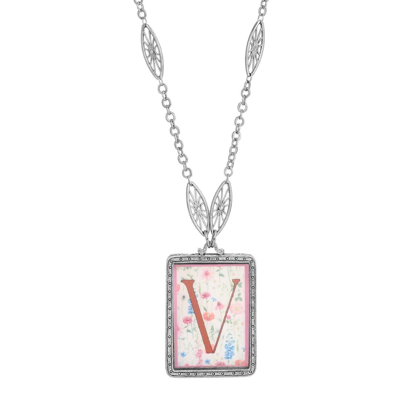 1928 Jewelry Pink Floral Motif Initial Pendant Necklace 30" 1928 Jewelry