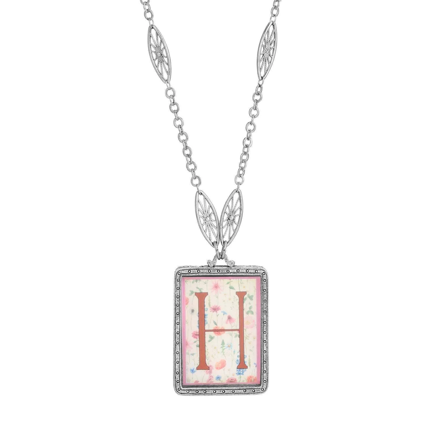 1928 Jewelry Pink Floral Motif Initial Pendant Necklace 30" 1928 Jewelry