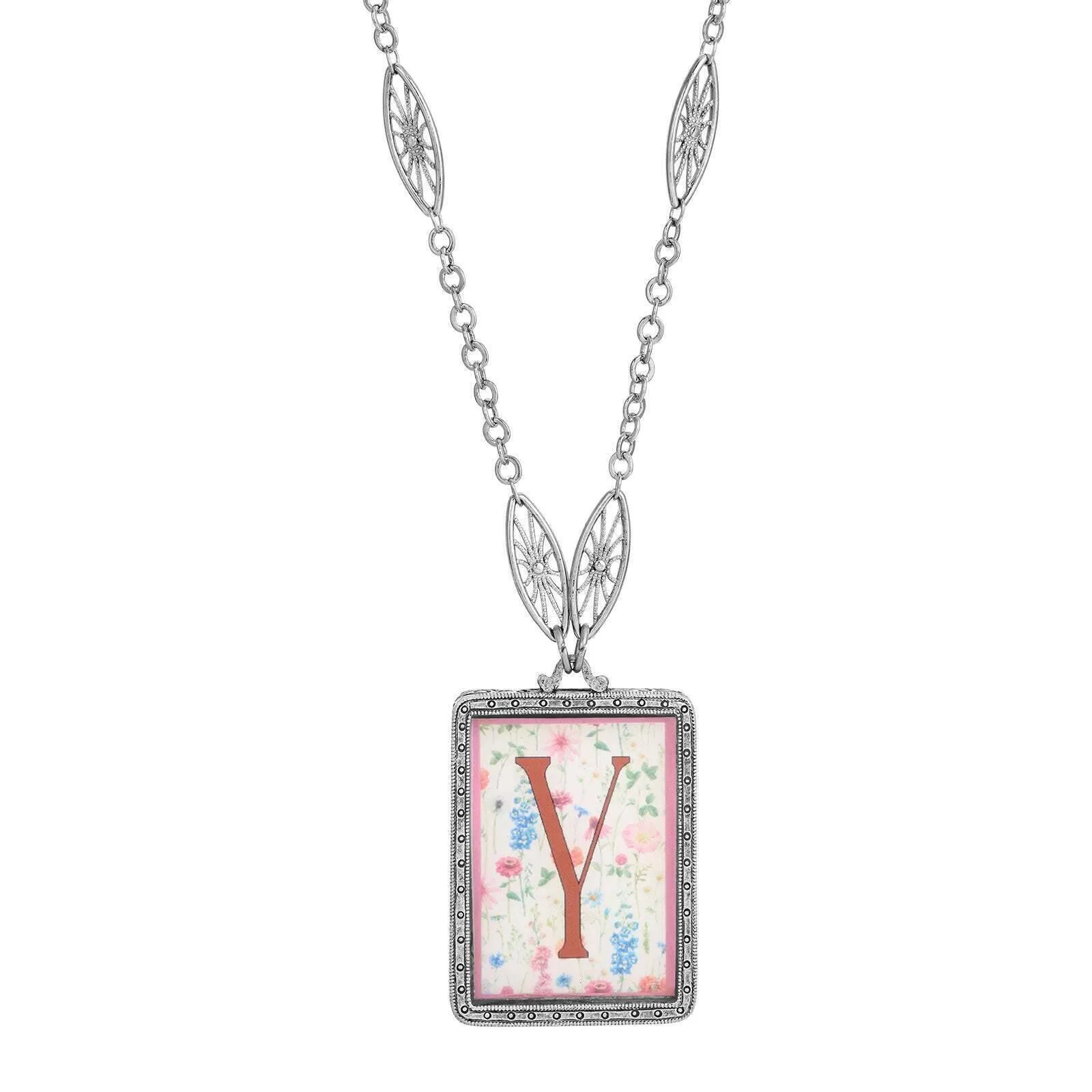 1928 Jewelry Pink Floral Motif Initial Pendant Necklace 30" 1928 Jewelry