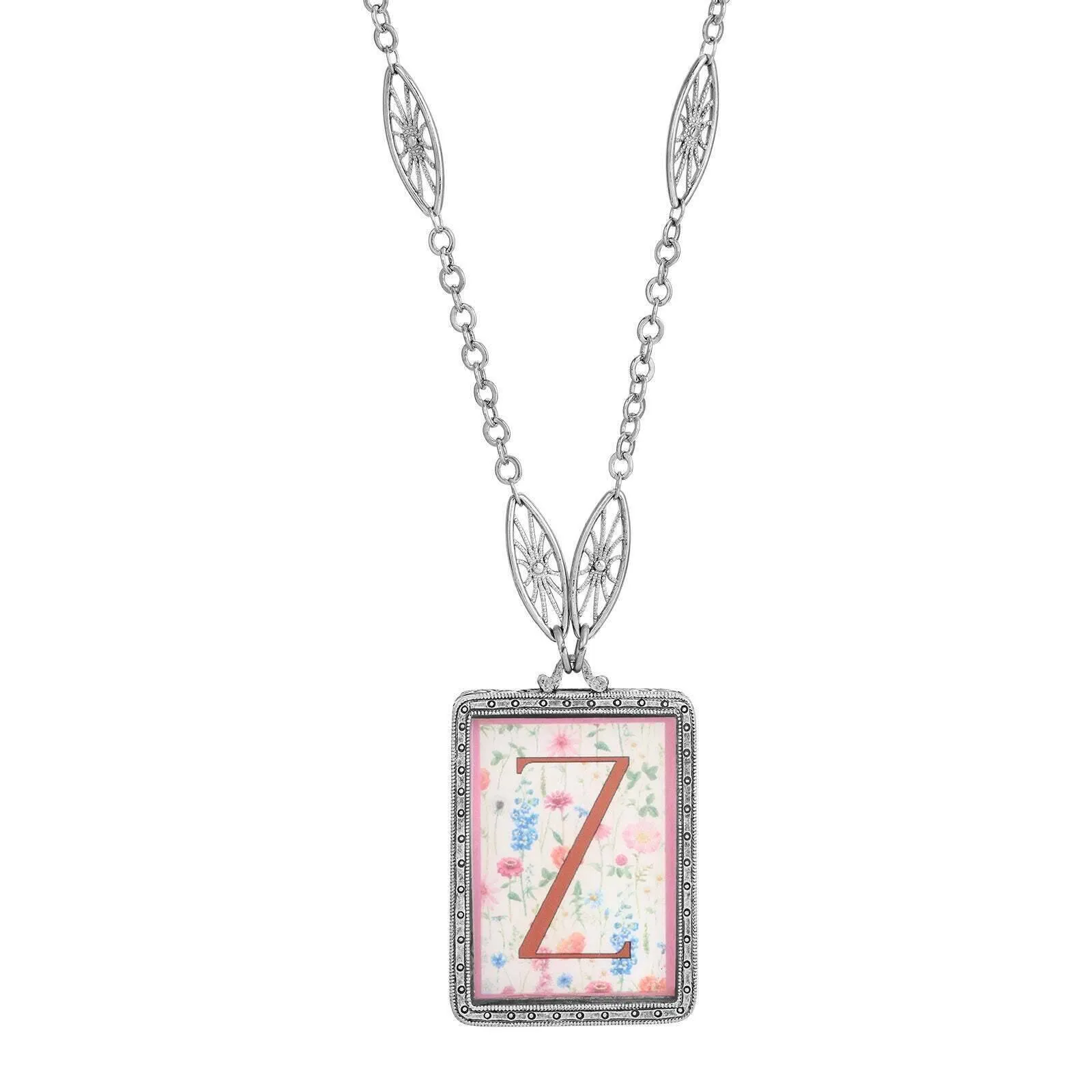 1928 Jewelry Pink Floral Motif Initial Pendant Necklace 30" 1928 Jewelry