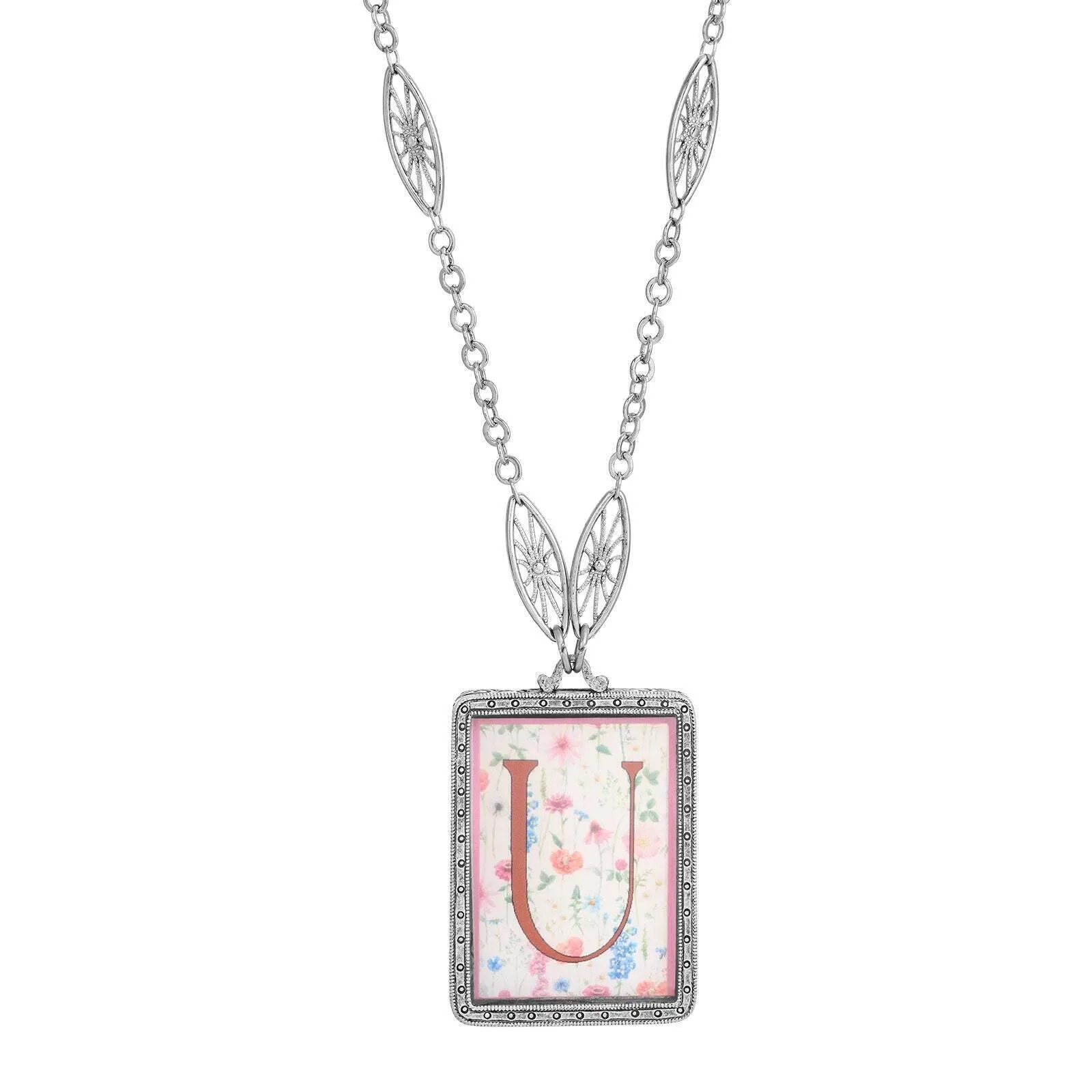 1928 Jewelry Pink Floral Motif Initial Pendant Necklace 30" 1928 Jewelry