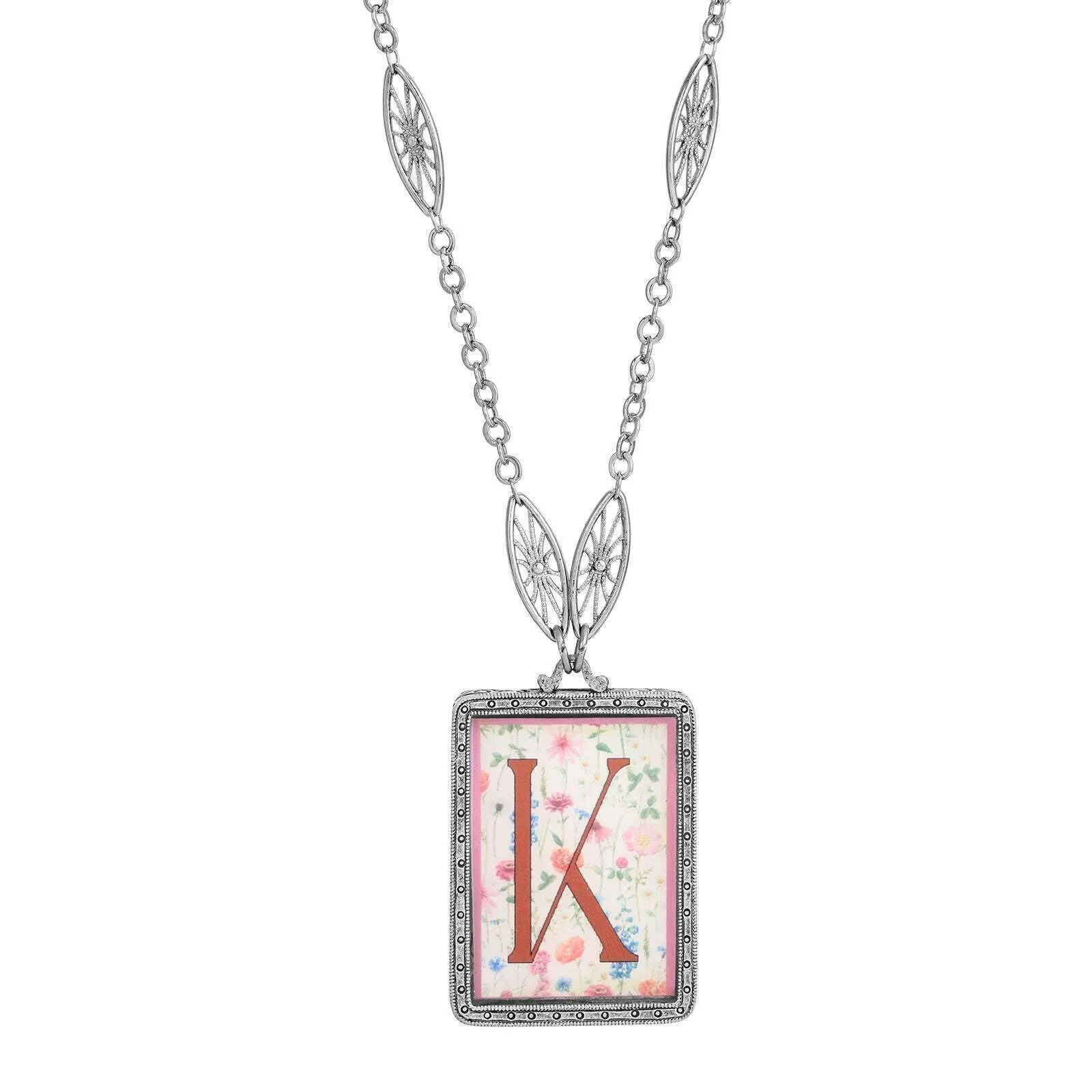 1928 Jewelry Pink Floral Motif Initial Pendant Necklace 30" 1928 Jewelry