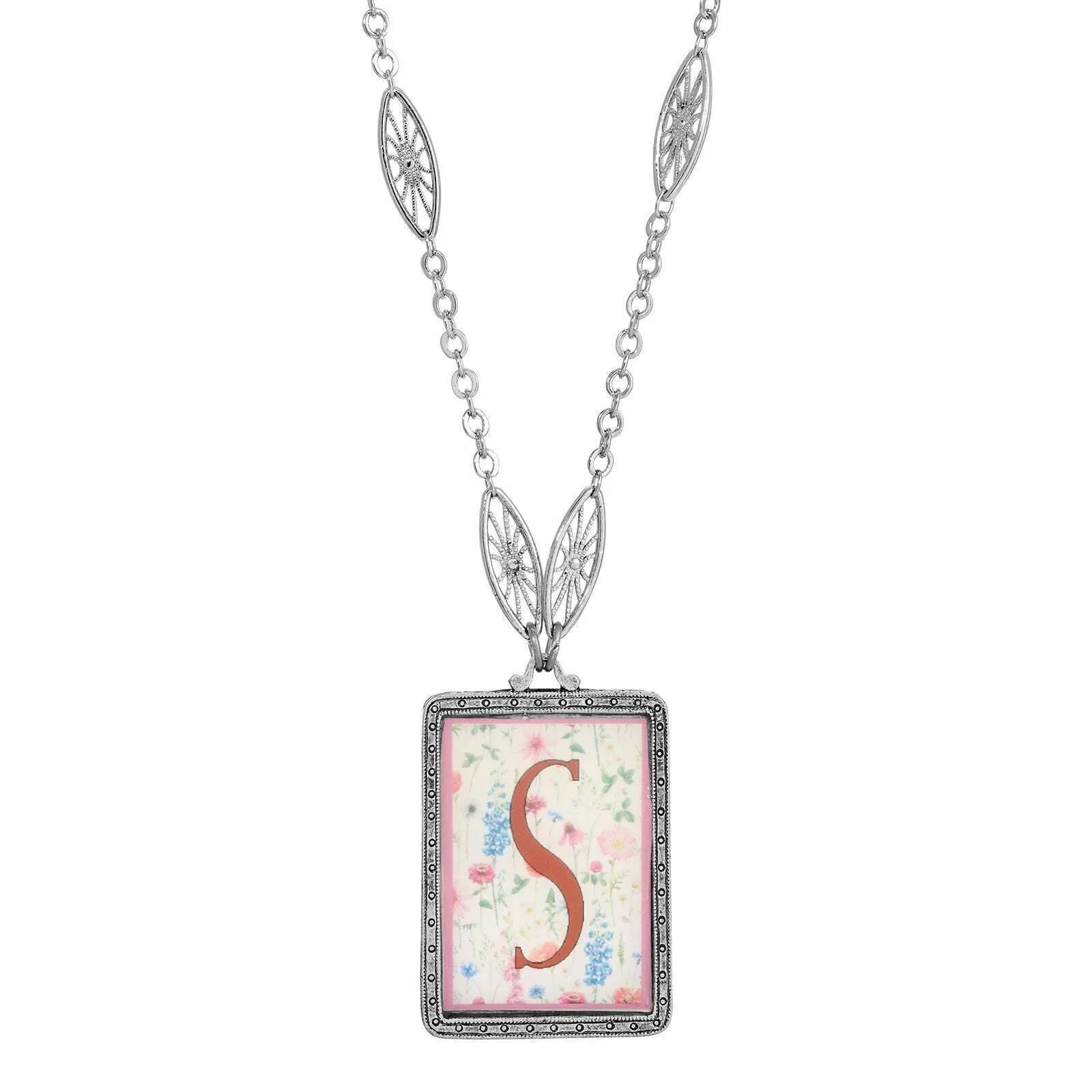 1928 Jewelry Pink Floral Motif Initial Pendant Necklace 30" 1928 Jewelry