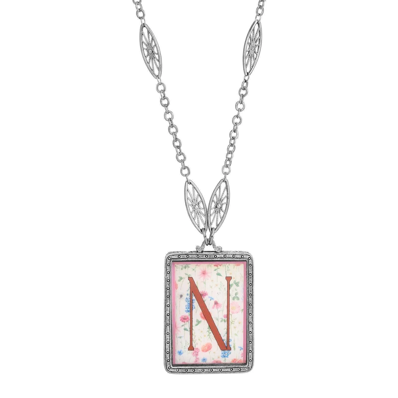 1928 Jewelry Pink Floral Motif Initial Pendant Necklace 30" 1928 Jewelry