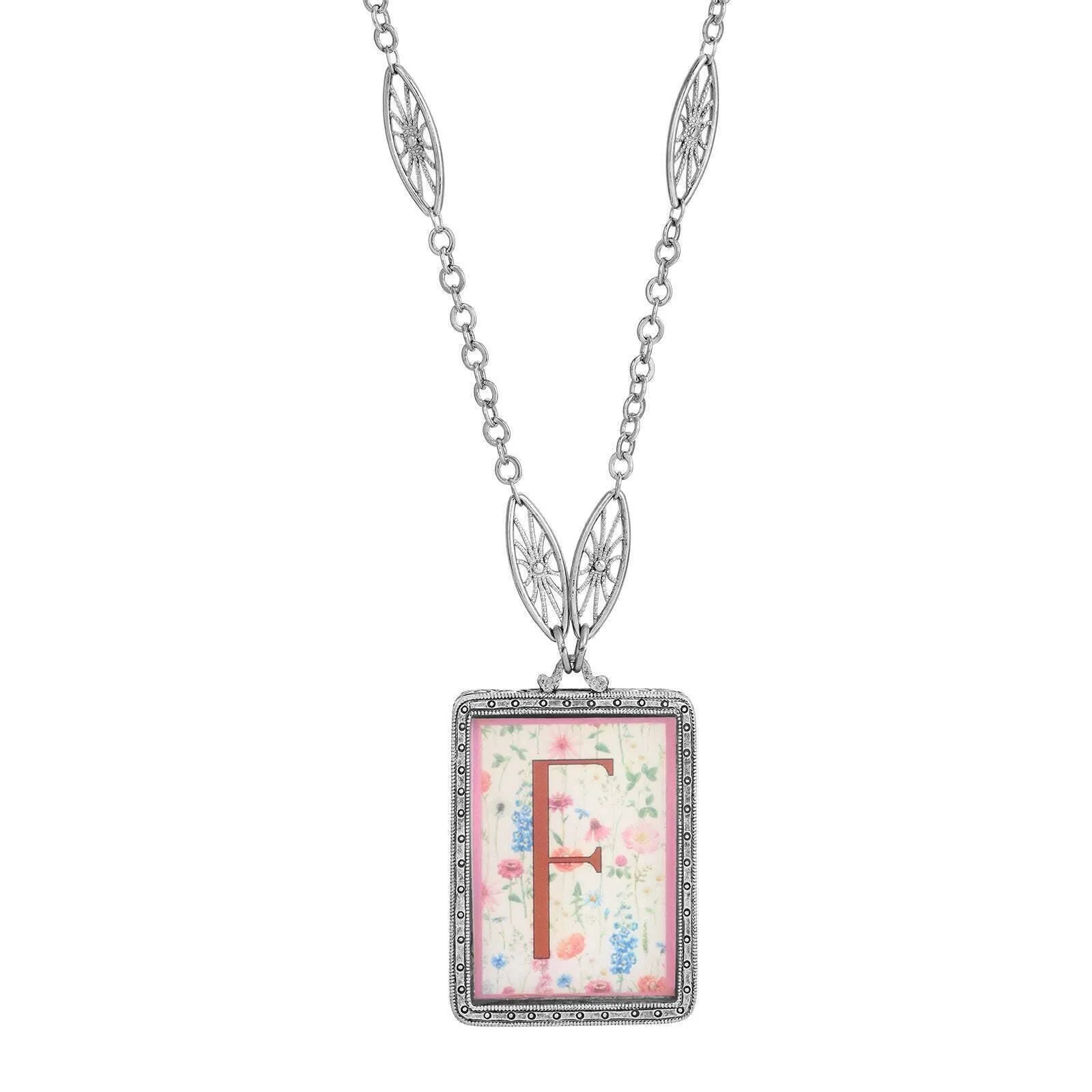 1928 Jewelry Pink Floral Motif Initial Pendant Necklace 30" 1928 Jewelry