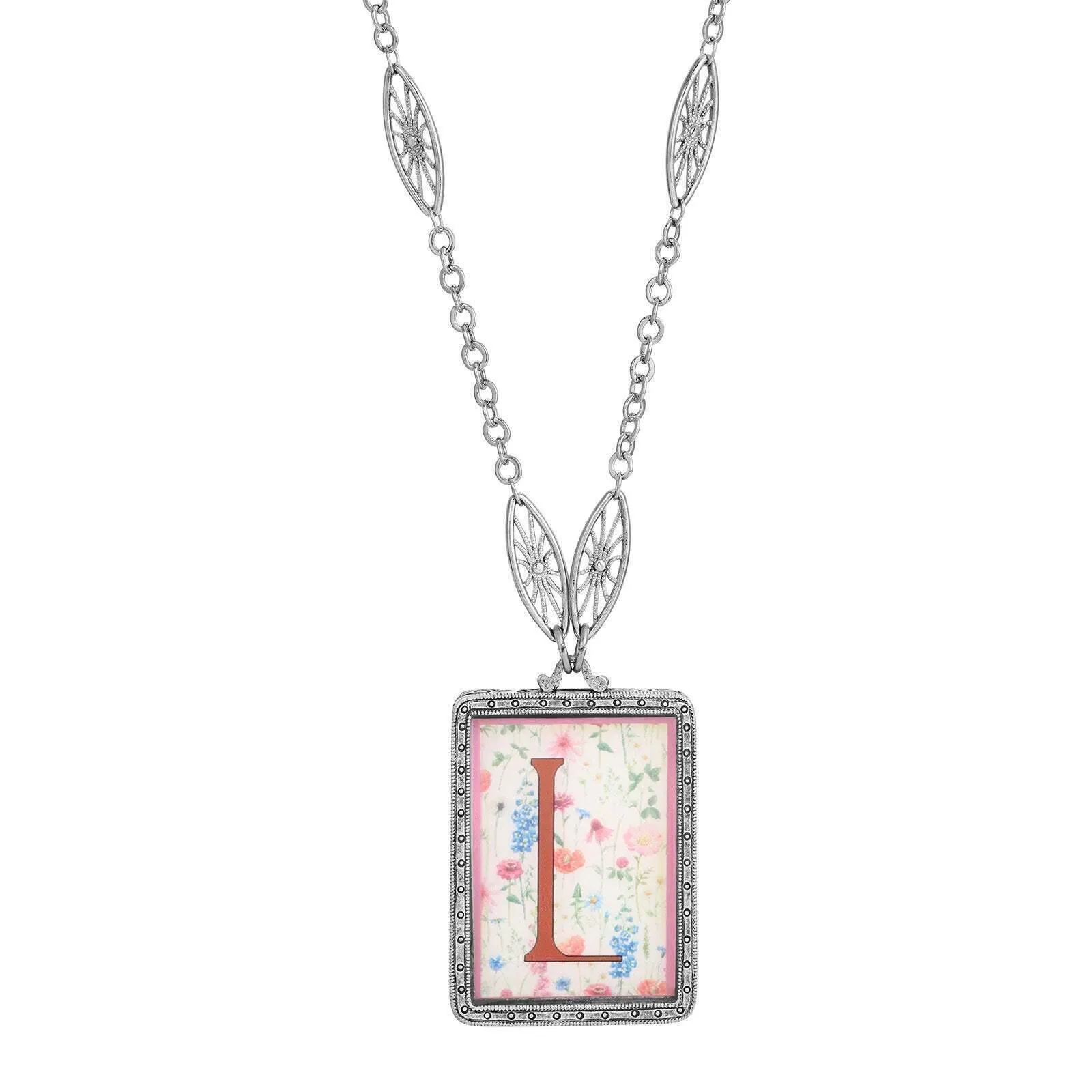 1928 Jewelry Pink Floral Motif Initial Pendant Necklace 30" 1928 Jewelry