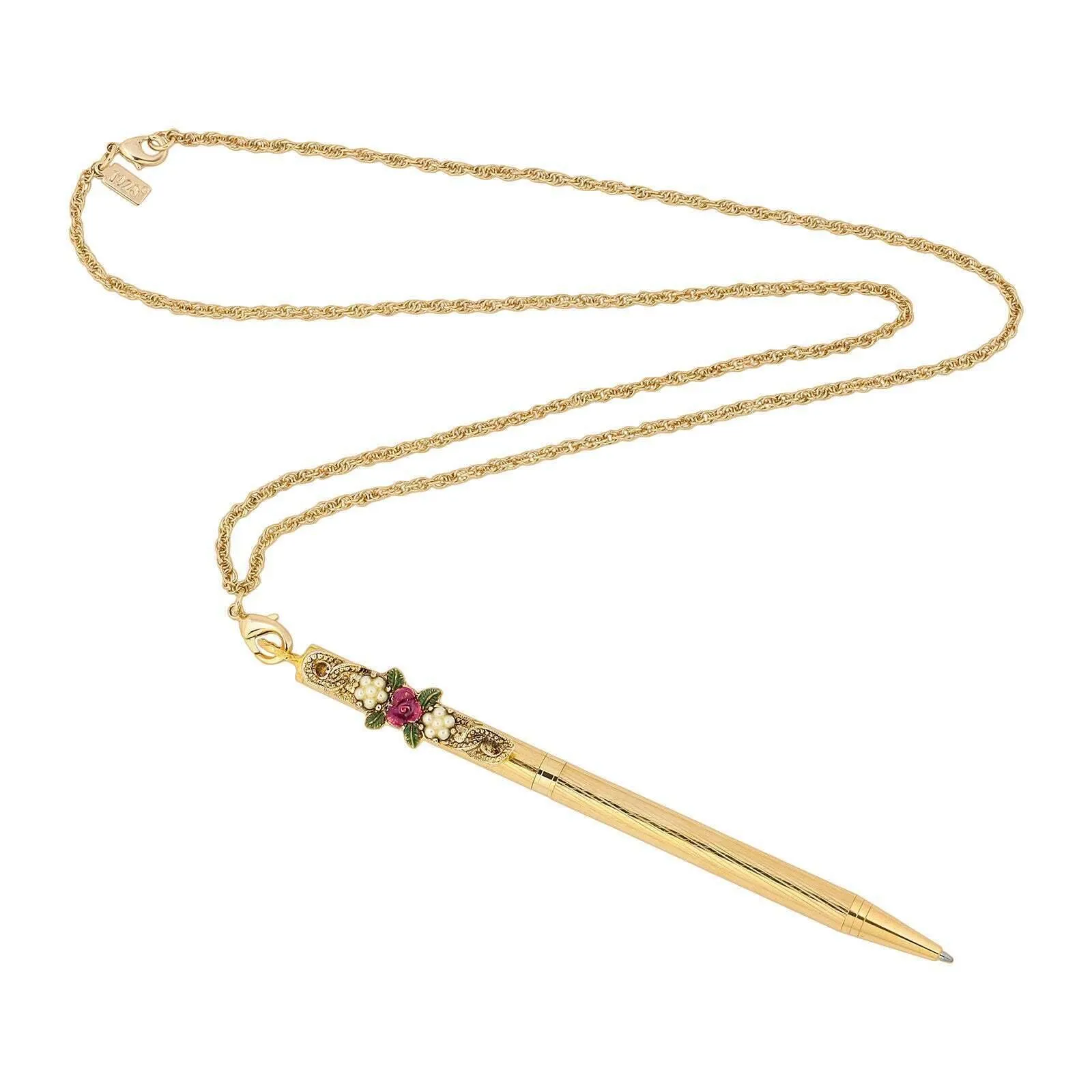 1928 Jewelry Pink Flower & Faux Pearl Accents Ball Point Pen Necklace 28" 1928 Jewelry