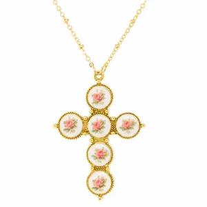 1928 Jewelry Pink Flower Decal Cross Pendant Necklace 30" 1928 Jewelry