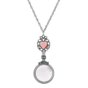 1928 Jewelry Pink Heart Magnifying Glass Necklace 28" - Magnification Power: 2-3X 1928 Jewelry