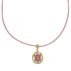 1928 Jewelry Pink Moonstone & Crystal Pendant Faux Suede Choker Necklace 15"   3" Extender 1928 Jewelry