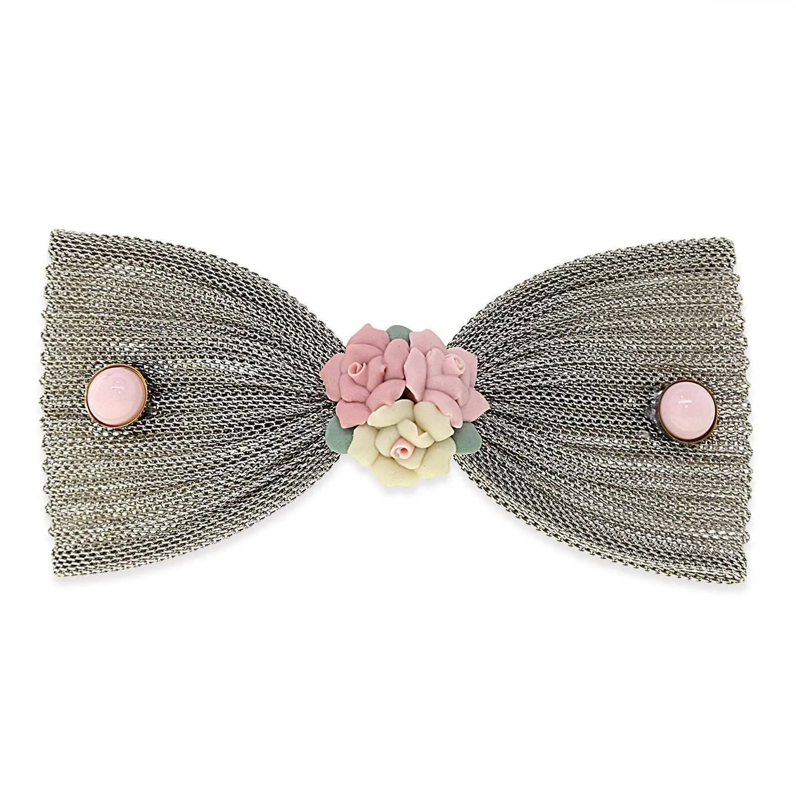 1928 Jewelry Pink Porcelain Flower Mesh Bow Hair Barrette 1928 Jewelry