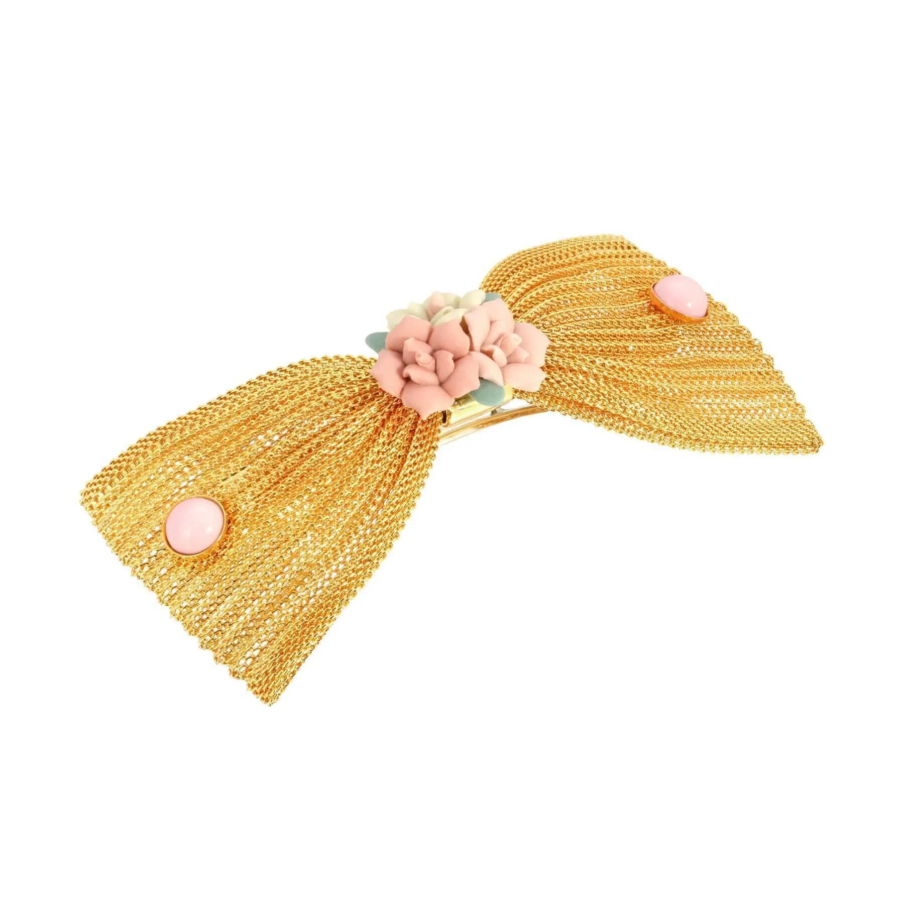 1928 Jewelry Pink Porcelain Flower Mesh Bow Hair Barrette 1928 Jewelry