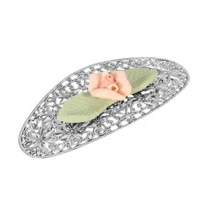 1928 Jewelry Pink Porcelain Flower With Green Leaf Hair Barrette 1928 Jewelry