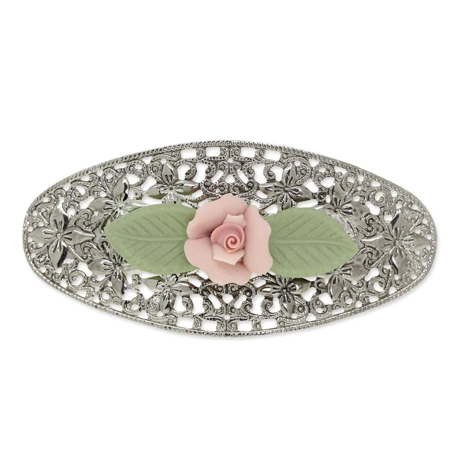 1928 Jewelry Pink Porcelain Flower With Green Leaf Hair Barrette 1928 Jewelry
