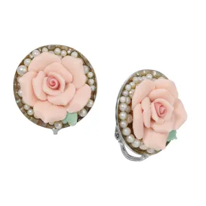 1928 Jewelry Pink Porcelain Rose & Faux Pearls Clip Earrings 1928 Jewelry