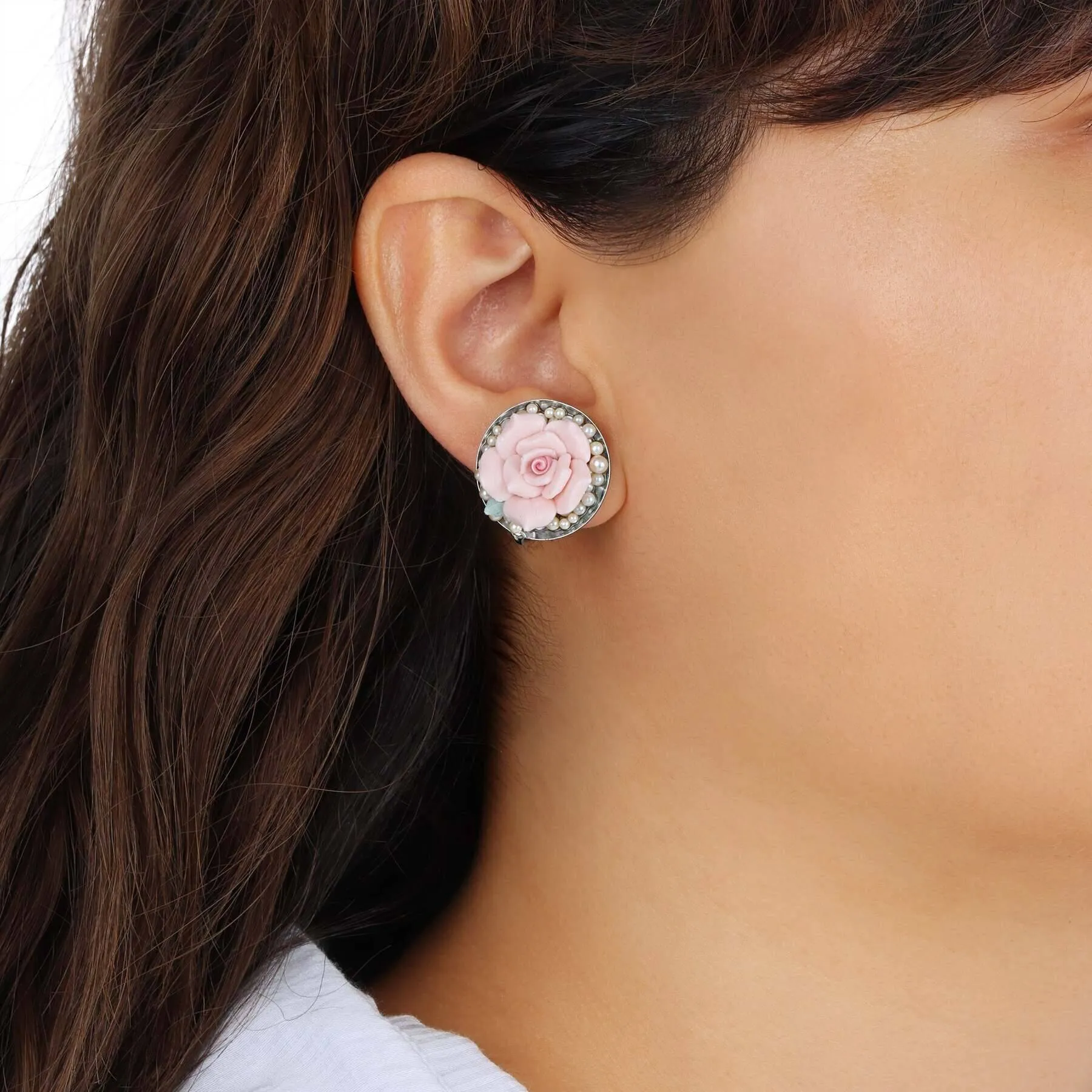 1928 Jewelry Pink Porcelain Rose & Faux Pearls Clip Earrings 1928 Jewelry