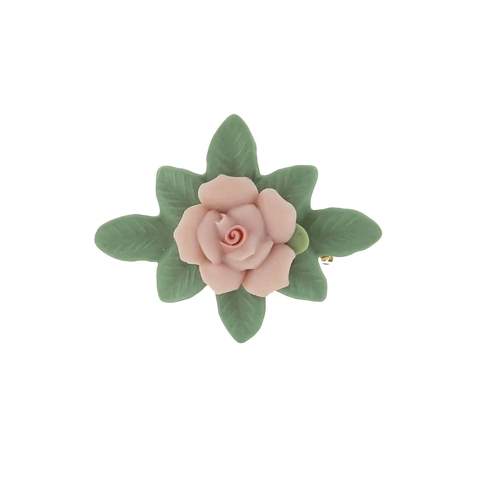 1928 Jewelry Pink Porcelain Rose And Green Leaf Bar Pin 1928 Jewelry