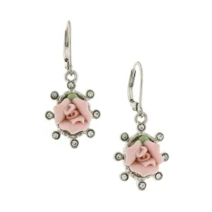 1928 Jewelry Pink Porcelain Rose And Round Crystal Drop Earrings 1928 Jewelry
