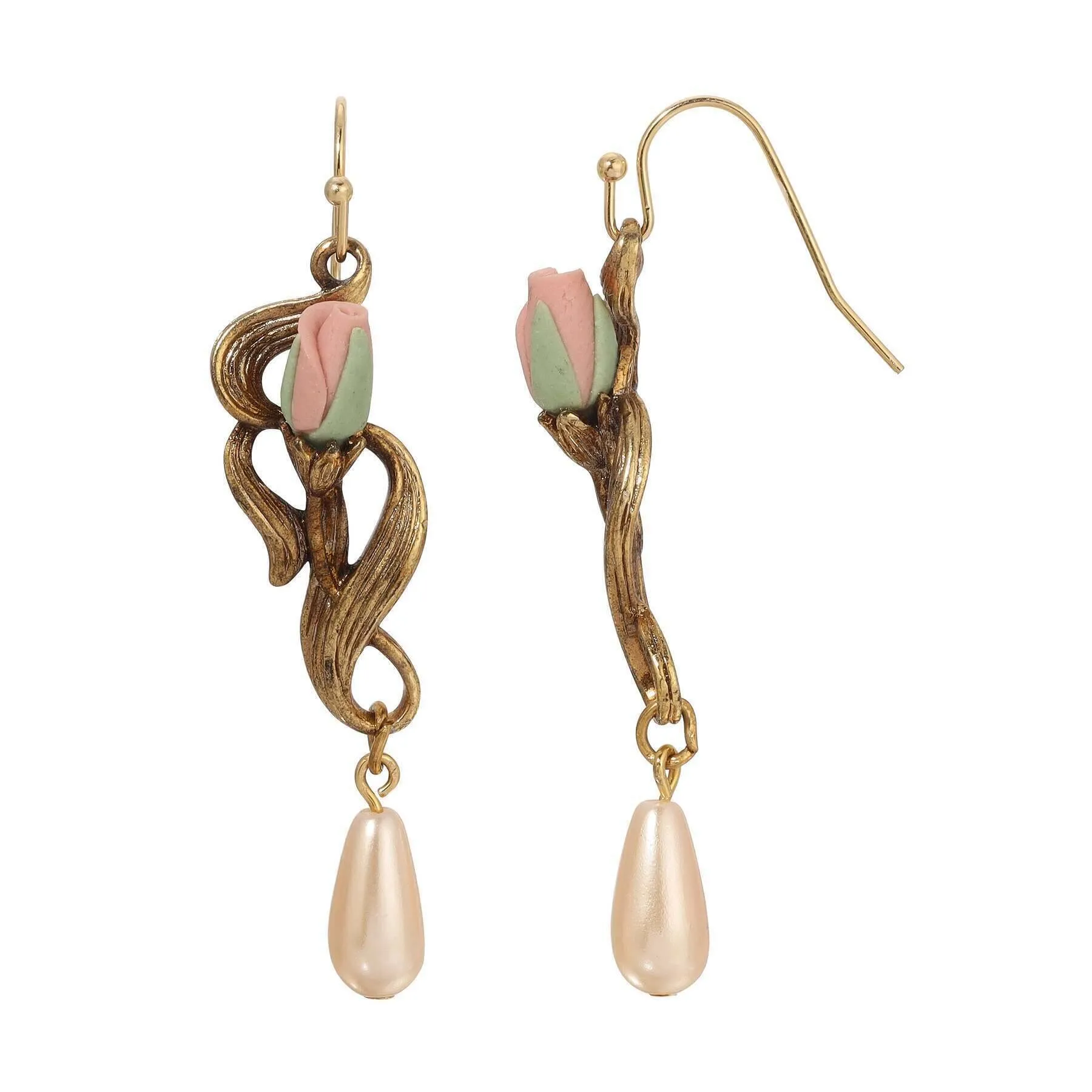 1928 Jewelry Pink Porcelain Rose Bud & Champagne Faux Pearl Teardrop Dangling Earrings 1928 Jewelry