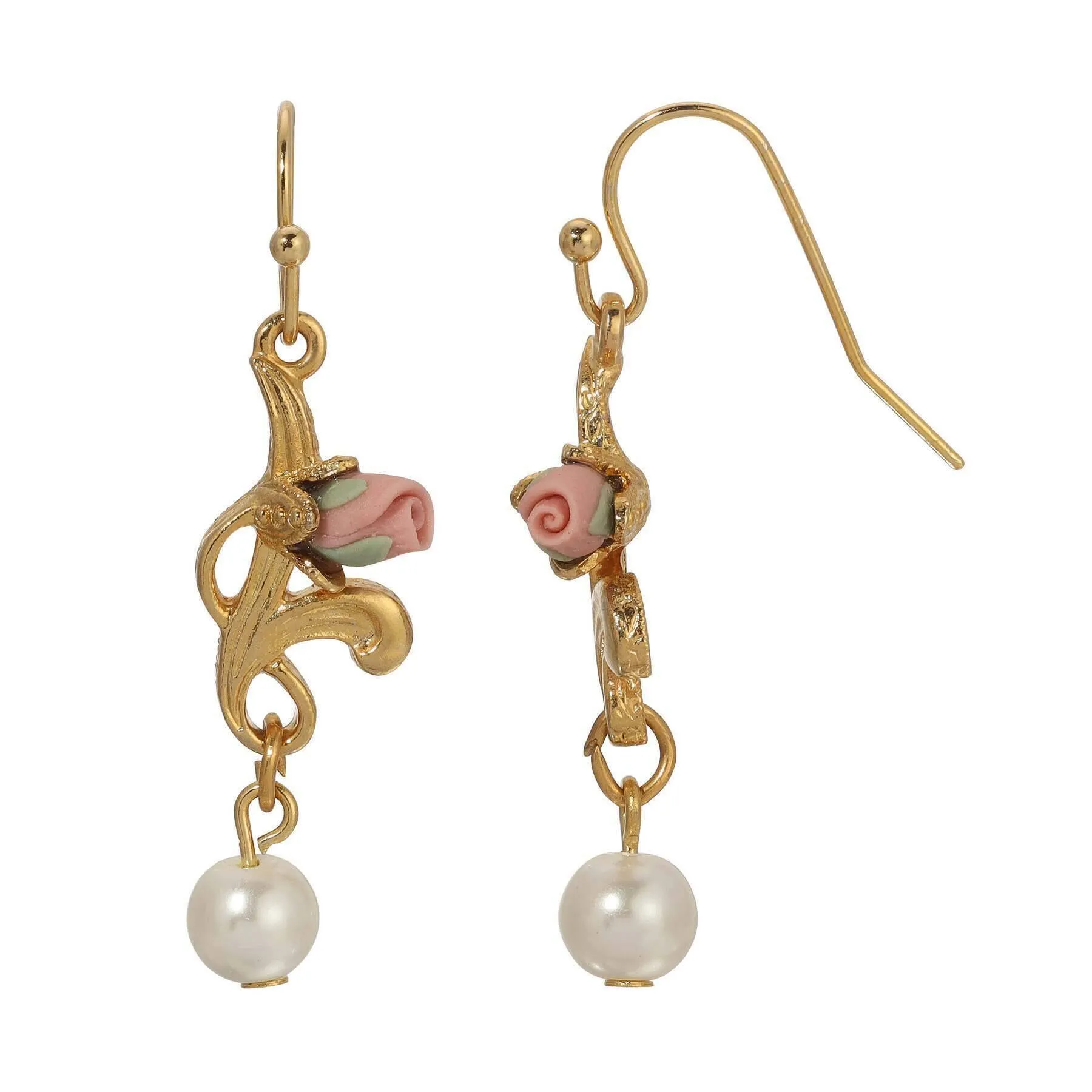1928 Jewelry Pink Porcelain Rose Bud & Faux Pearl Dangling Earrings 1928 Jewelry