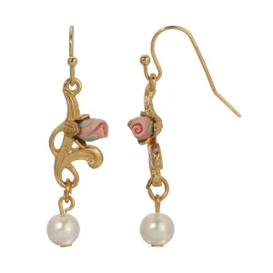 1928 Jewelry Pink Porcelain Rose Bud & Faux Pearl Dangling Earrings 1928 Jewelry