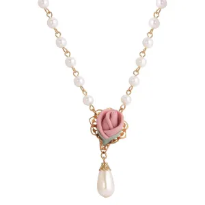 1928 Jewelry Pink Porcelain Rose Bud Faux Pearl Pendant Necklace 15"   3" Extension 1928 Jewelry
