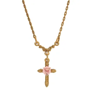 1928 Jewelry Pink Porcelain Rose Cross Pendant Necklace 16"   3" Extension 1928 Jewelry