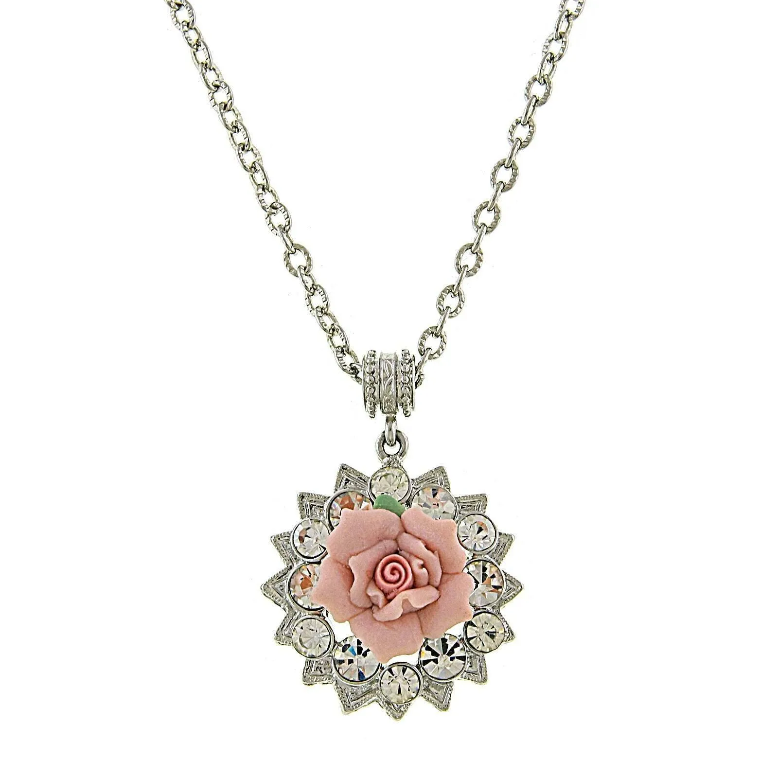 1928 Jewelry Pink Porcelain Rose Crystal Accent Pendant Necklace 16"   3" Extender 1928 Jewelry